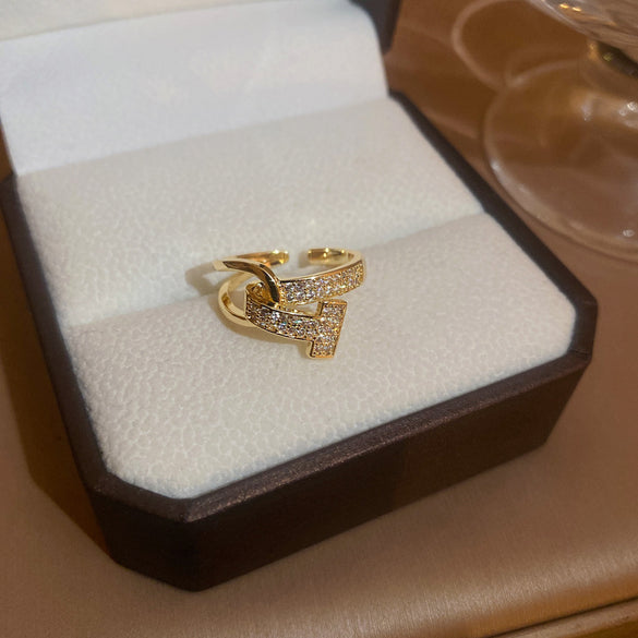 Korean temperament diamond zircon geometric opening ring light luxury niche fashion index finger ring Internet celebrity versatile jewelry women