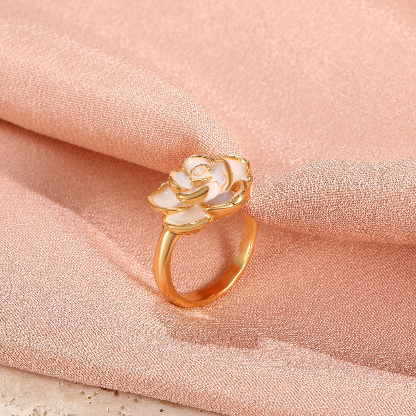 New French White Camellia Open Index Finger Ring Female