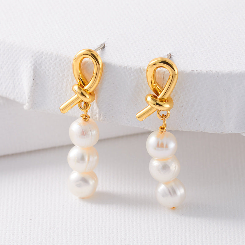 Retro Knot Brass Pearl Plating Drop Earrings 1 Pair