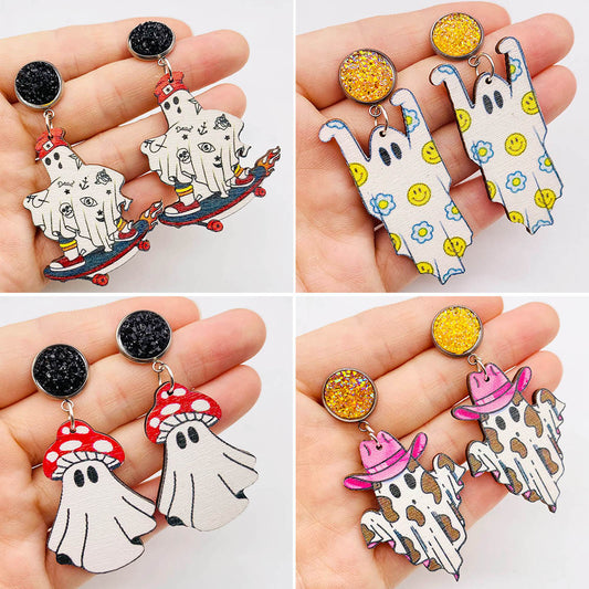 1 Pair Funny Cartoon Character Printing Wood Drop Earrings