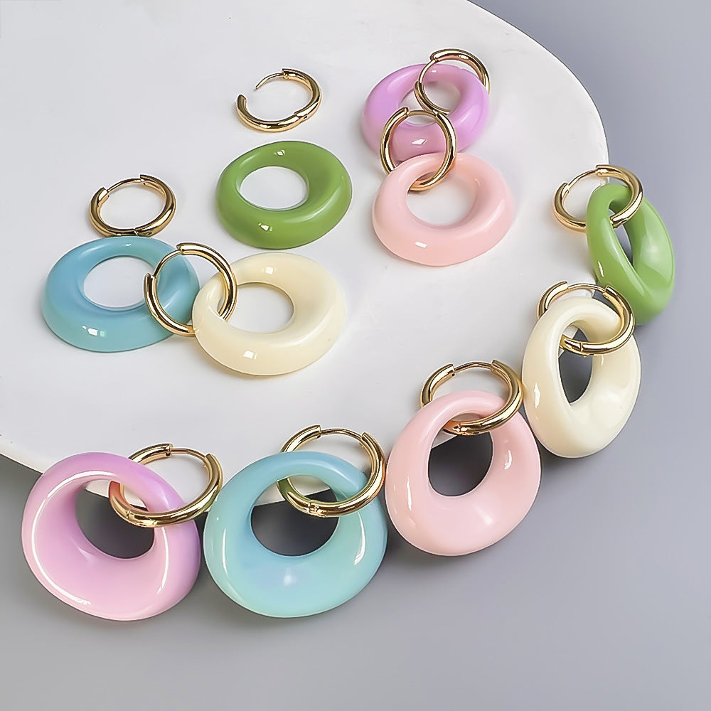 1 Pair Sweet Round Stainless Steel Resin Earrings