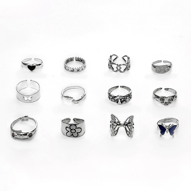 Fashion Colorful Hollow Butterfly Animal Heart Geometric Ring 12-piece Set Wholesale Gooddiy