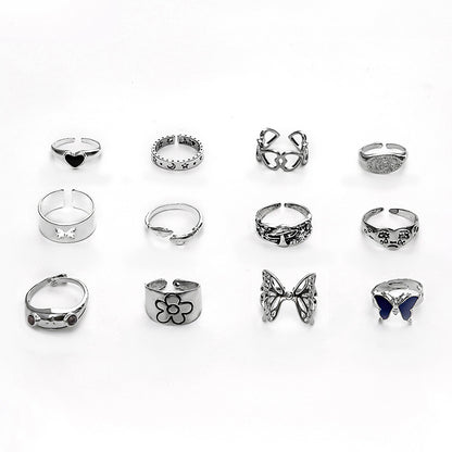 Fashion Colorful Hollow Butterfly Animal Heart Geometric Ring 12-piece Set Wholesale Gooddiy