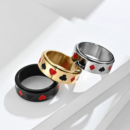 Fashion Spade Red Peach Plum Blossom Square Playing Card Pattern Titanium Steel Rotatable Ring