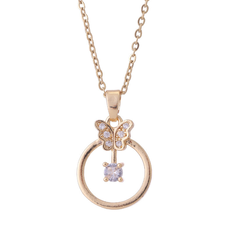 Elegant Butterfly Titanium Steel Copper Plating Inlay Zircon 18k Gold Plated Pendant Necklace