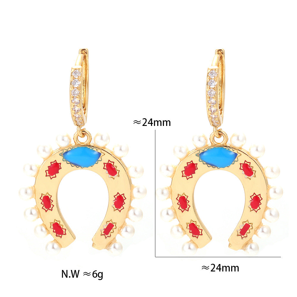 Geometric U-shaped Horseshoe Copper Inlaid Zircon Colorful Oil Earrings