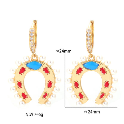 Geometric U-shaped Horseshoe Copper Inlaid Zircon Colorful Oil Earrings