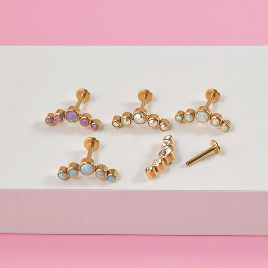 Simple Style Round Stainless Steel Inlay Opal Zircon Lip Stud Ear Studs