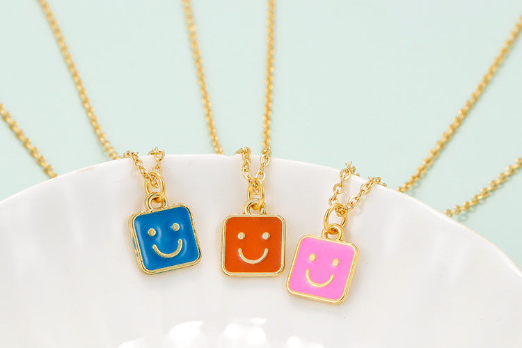 Wholesale Jewelry Square Shape Smile Face Drop Pendant Copper Necklace Gooddiy