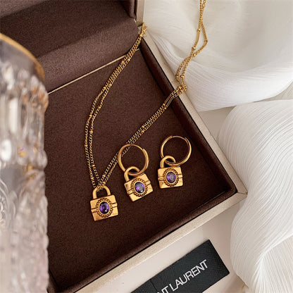 Fashion Lock Titanium Steel Inlay Zircon Women's Earrings Necklace