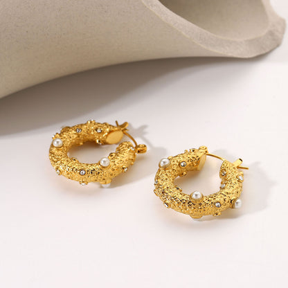 Fashion Pearl Hoop Earrings 18k Gold Stainless Steel Jewelry Hammer Cubic Zirconia Earrings