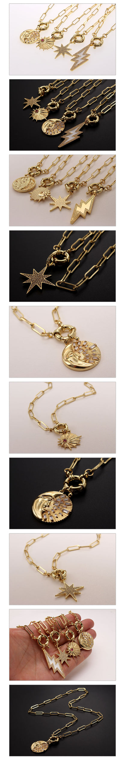 Hip-hop Vintage Style Star Moon Lightning Copper Plating Inlay Zircon Gold Plated Pendant Necklace