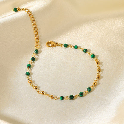 Women's Fashion Green Malachite Round Beads 18k Gold Geometric Stainless Steel Bracelet