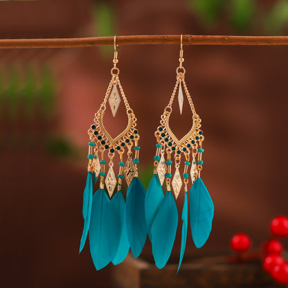 Vintage Fan-shaped Tassel Feather  Long Bohemian Beads Drop Earrings Wholesale