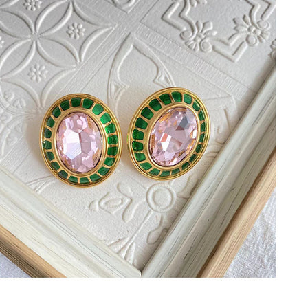 Retro Oval Copper Enamel Plating Inlay Zircon Ear Clips Ear Studs 1 Pair