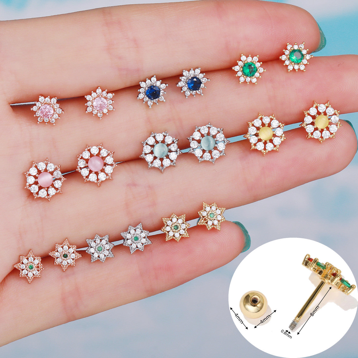 Color Zircon Flower Ear Bone Stud Stainless Steel Rod Puncture Lock Ball Ear Stud