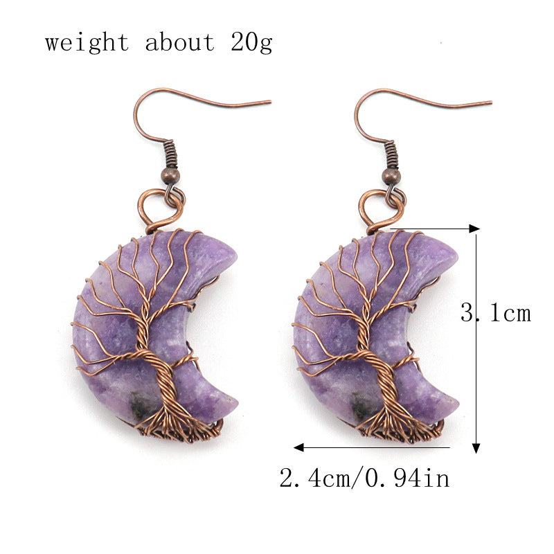 1 Pair Retro Simple Style Moon Tree Patchwork Natural Stone Copper Drop Earrings