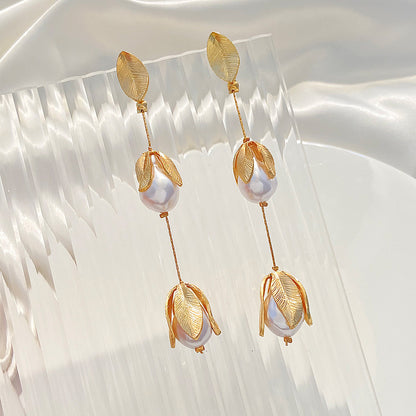 1 Pair Elegant Flower Plating Inlay Alloy Freshwater Pearl Drop Earrings