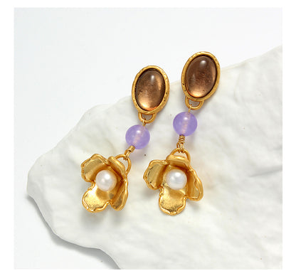 1 Pair Classical Flower Natural Stone Freshwater Pearl Copper Gold Plated Drop Earrings