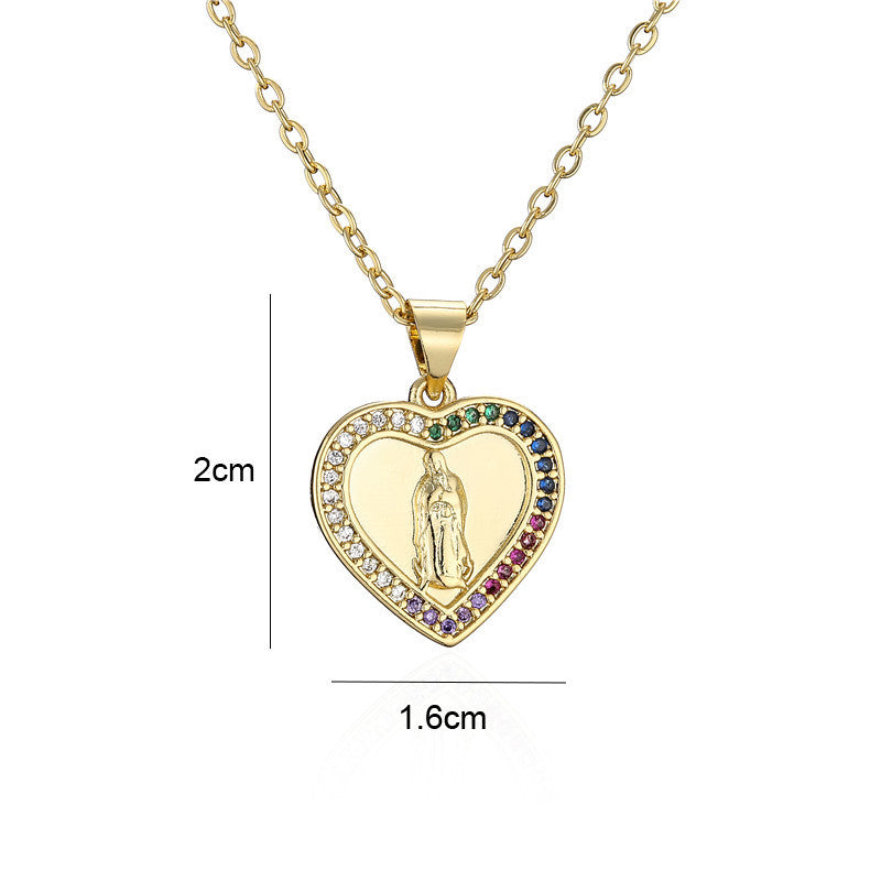 Retro Heart Virgin Mary Pendant White Zirconium Necklace