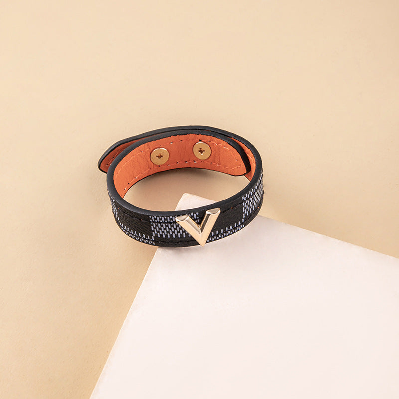 Simple Style V Shape Letter Lattice Pu Leather Wholesale Wristband