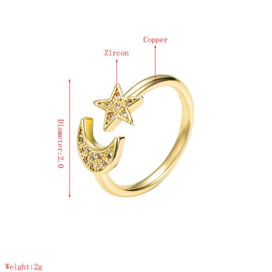 Fashion Copper Inlaid Zircon Star Moon Ring