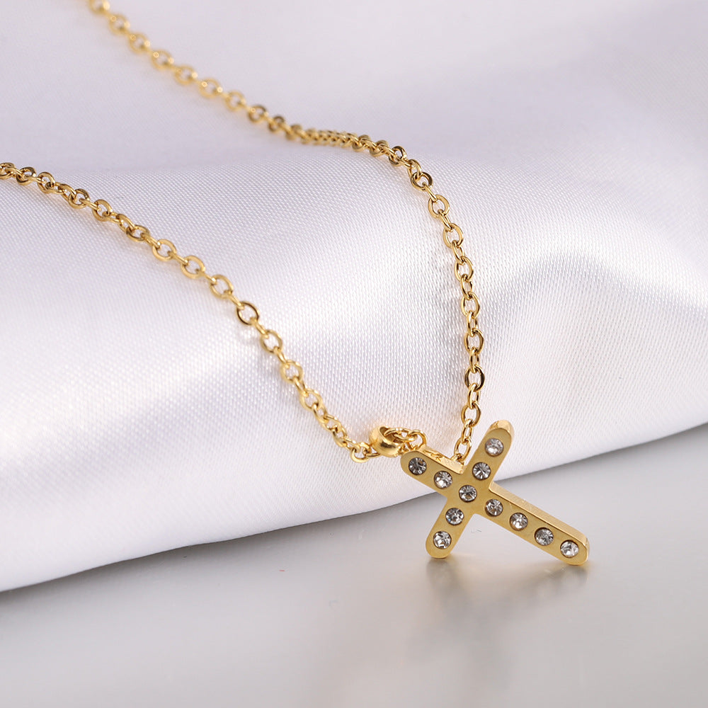 Punk Cool Style Cross Stainless Steel Titanium Steel Inlay Artificial Diamond Pendant Necklace