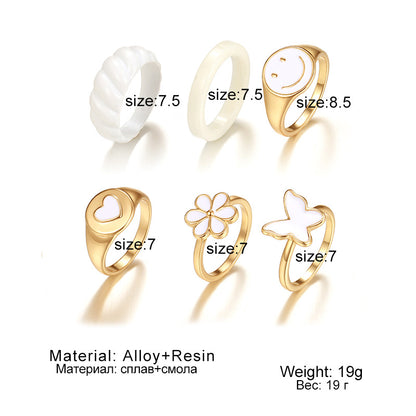 European And American New Oil Dripping Butterfly Smiley Ring 6-piece Cross-border Ins Love Joint Ring Suit Hzs2215