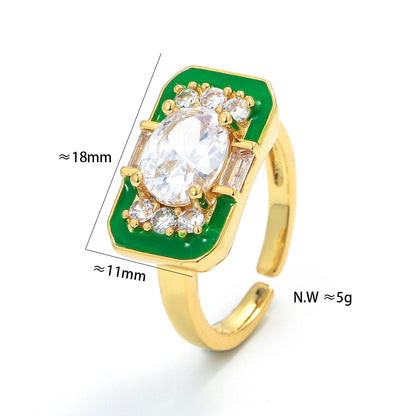 Korean Style Square Color Oil Drop Copper Ring Geometric Micro-set Zircon Opening Adjustable Ring