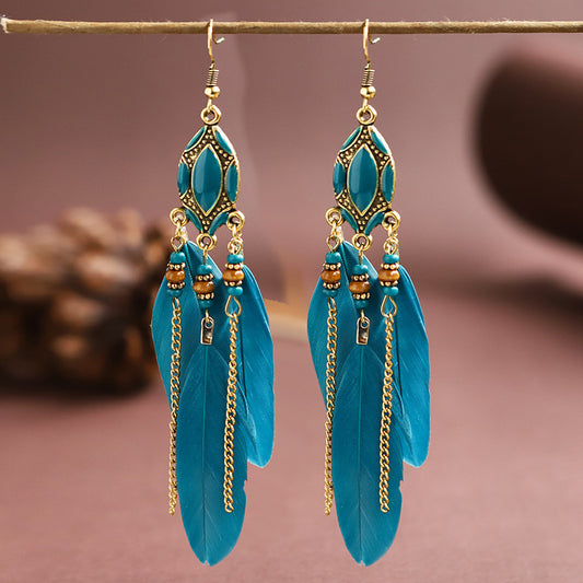 Retro Tassel Feather Long Oil Drop Earrings Wholesale