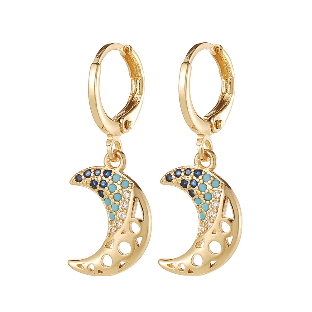 Fashion Devil's Eye Moon Fish Bone Copper Drop Earrings Inlay Zircon Copper Earrings