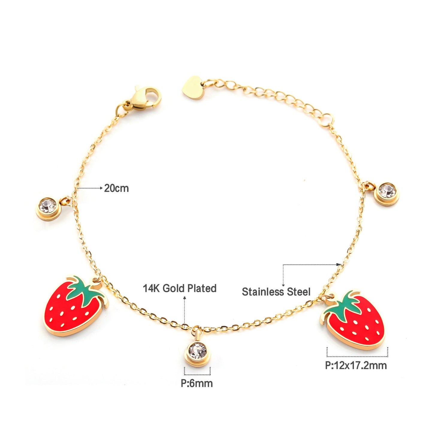 Sweet Strawberry Stainless Steel Plating Inlay Zircon 14k Gold Plated Gold Plated Rings Bracelets Earrings