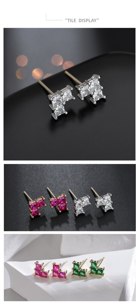 Fashion Square Heart Shape Alloy Copper Inlaid Zircon Ear Studs 1 Pair