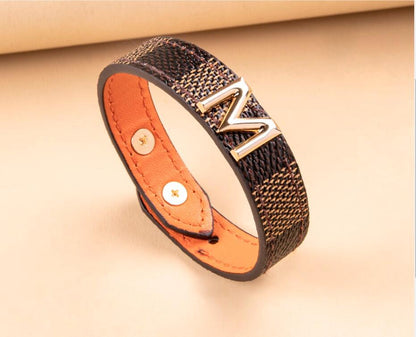 Simple Style V Shape Letter Lattice Pu Leather Wholesale Wristband