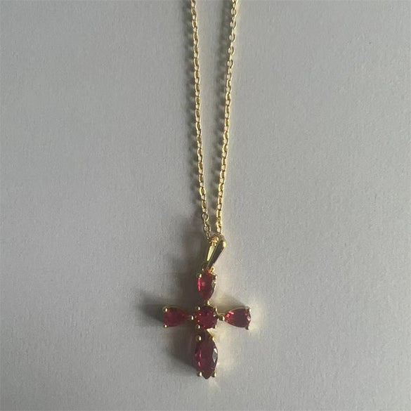 Cross-border hot-selling wild retro color zircon cross pendant necklace women's personalized design O-word chain clavicle chain