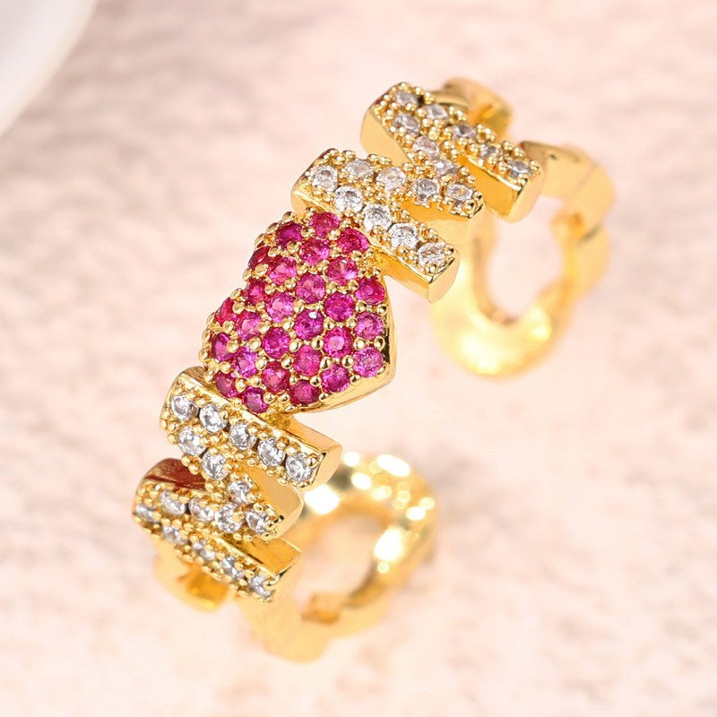 Shiny Letter Heart Shape Copper Inlay Zircon Open Rings