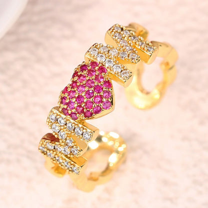 Shiny Letter Heart Shape Copper Inlay Zircon Open Rings