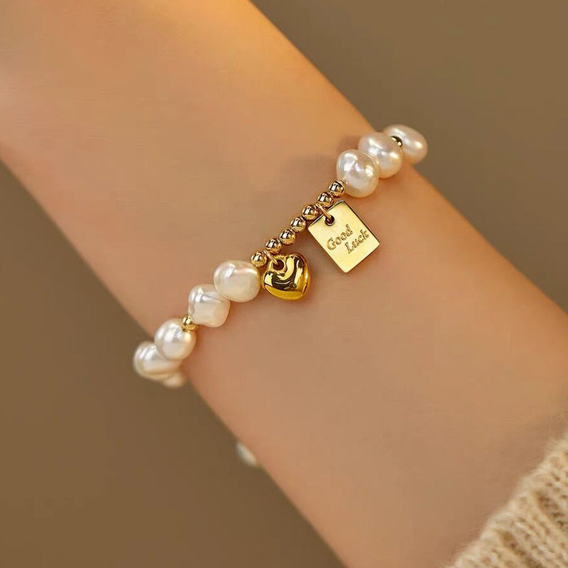 Elegant Retro Letter Heart Shape Freshwater Pearl Mixed Materials Bracelets In Bulk