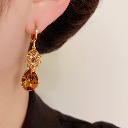 1 Pair Elegant Retro Leaf Copper Zircon 14K Gold Plated Drop Earrings