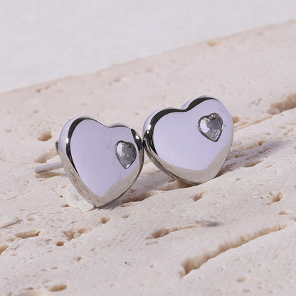 1 Pair Fashion Heart Shape Stainless Steel Plating Zircon Ear Studs