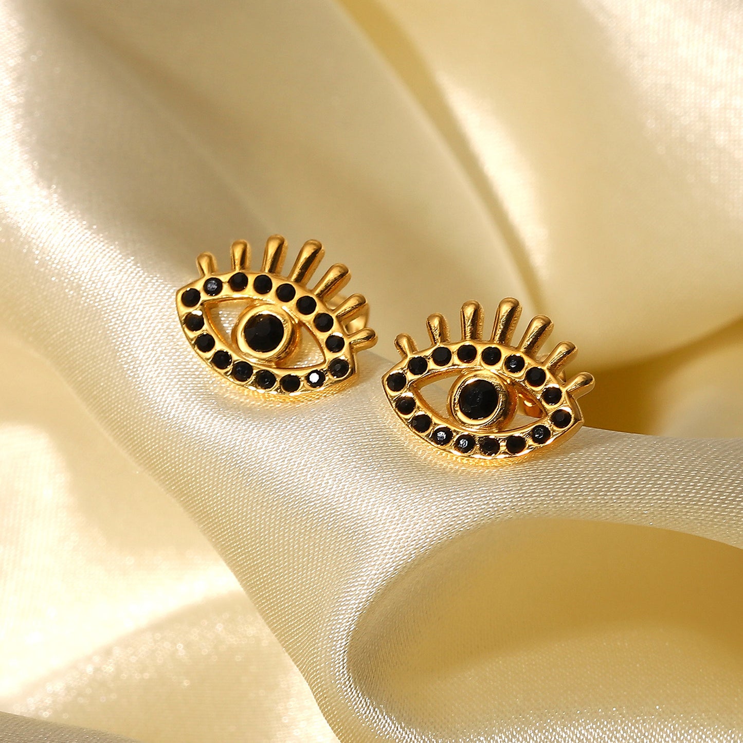 New Fashion Black Diamond Eye 18k Gold Stainless Steel Earrings