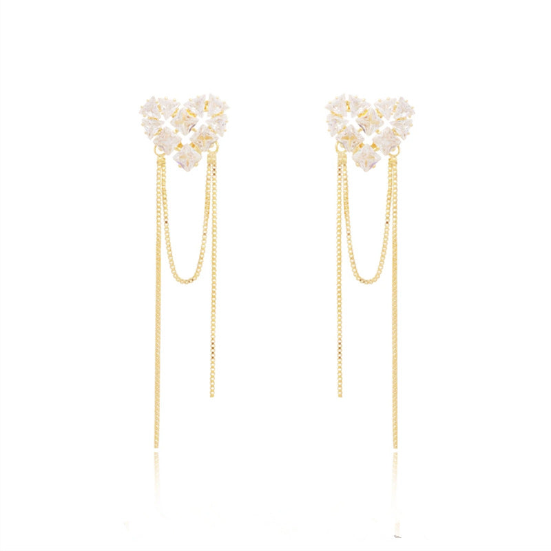 1 Pair Sweet Heart Shape Tassel Inlay Copper Zircon Drop Earrings