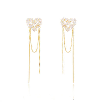 1 Pair Sweet Heart Shape Tassel Inlay Copper Zircon Drop Earrings