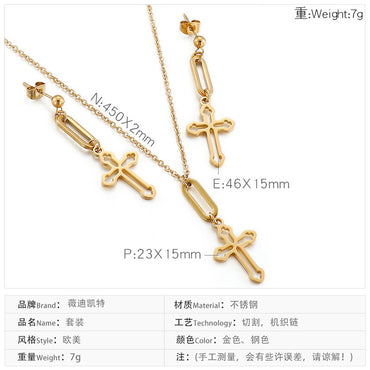 Fashion Long Cross Necklace Earrings Clavicle Chain Jewelry Set