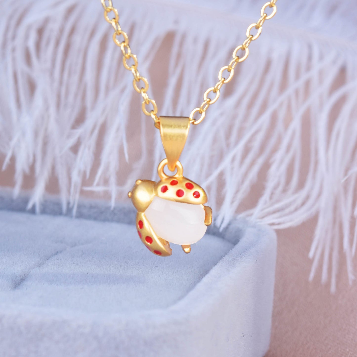 Cute Ladybug Necklace Bracelet Earrings Sand Gold Plated Hetian Jade Necklace Beetle Pendant