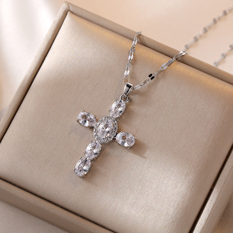 Casual Simple Style Cross Titanium Steel Inlay Zircon Pendant Necklace