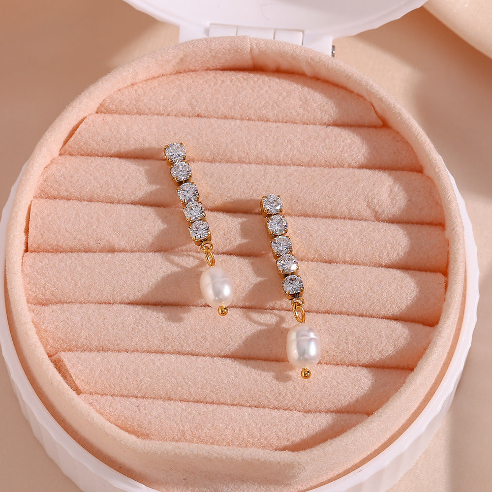 Elegant Square Inlay Stainless Steel Artificial Pearls Zircon Gold Plated Earrings