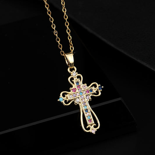 Streetwear Cross Copper Inlay Zircon Pendant Necklace