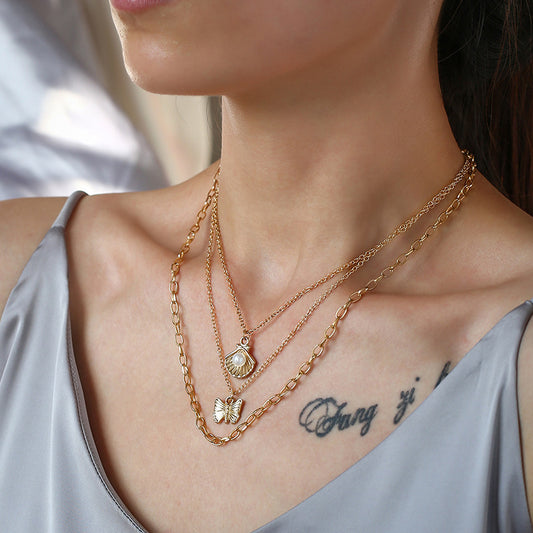 Cross-border New Arrival  Hot Sale Jewelry Clavicle Chain Female Simple Shell Imitation Pearl Butterfly Cuban Link Chain Clavicle Chain