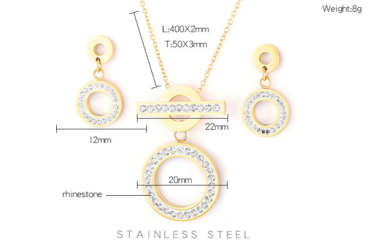 Fashion Round Titanium Steel Inlay Zircon Earrings Necklace 1 Set